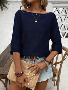 Pariaura Áo kiểu thanh lịch, màu trơn, cổ tròn, tay lửng 3/4 - Màu xanh lam - Xem 5