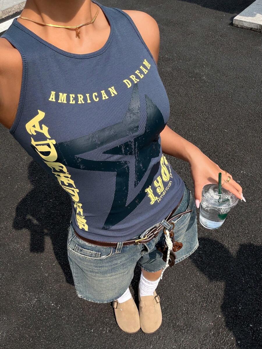 Muchica Deep Navy Knit Women's Tight-Fitting Printed Camisole,,Summer Outfit For Women,Going Out - Grey - View 1