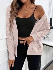 EMERY ROSE Casual Comfortable Hollow Diamond Pattern Cardigan For Women - Dusty Pink - View 5
