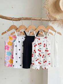 SHEIN 5pcs/Set Baby Girls Spaghetti Strap Romper Floral Heart Cherry Print Sleeveless One Piece For Summer Cute Baby Girls Summer Romper With Spaghetti Straps And Various Prints Including Floral Cherry Heart Happikins Cute Cherry Print, "Cherry Girl" Baby Girl Casual Romper, Suitable For Spring & Summer, Relaxing Vacations, Beach Weekends, Cute Summer Outfits For Summer Baby Girl Items, Korean Style, Beach Mode On, Summer Outing Items - Multicolor - View 3