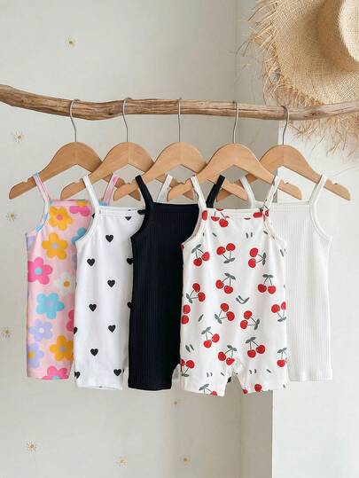 SHEIN 5pcs/Set Baby Girls Spaghetti Strap Romper Floral Heart Cherry Print Sleeveless One Piece For Summer Cute Baby Girls Summer Romper With Spaghetti Straps And Various Prints Including Floral Cherry Heart Happikins Cute Cherry Print, "Cherry Girl" Baby Girl Casual Romper, Suitable For Spring & Summer, Relaxing Vacations, Beach Weekends, Cute Summer Outfits For Summer Baby Girl Items, Korean Style, Beach Mode On, Summer Outing Items