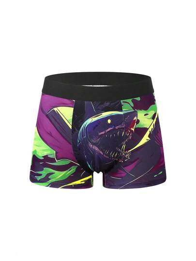 Men's Underwear Shorts With Colorful Shark Print Pattern, Fashion Comfortable Sports Casual Boxer Briefs