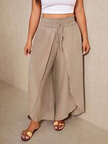 Elaquor Plus Size Women Solid Color Waist Tie Loose Leg Pants For Vacation - Khaki - View 6