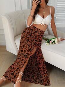 Rafferiza Petite 女士碎花高开衩性感优雅半身裙 - 棕色 - 查看 3