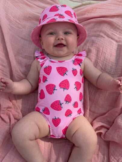 SHEIN 1-Piece Newborn Spring/Summer Sweet, Cool, Casual, Cute Cartoon Strawberry Pattern Short Sleeve Swimsuit