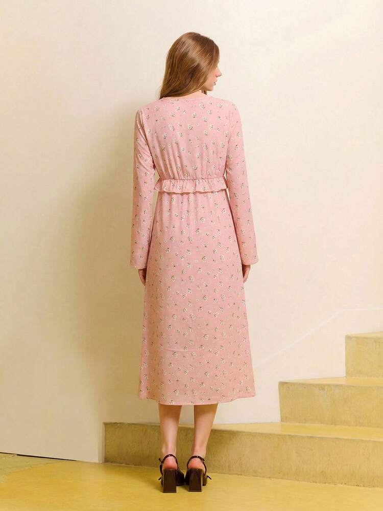 Pink Floral Print V-Neck Tie-Front Midi Dress With Ruffled Details And Long Sleeves Wedding Guest Outfits For Women Women's Dress Formal Wear Women's Spring Dress