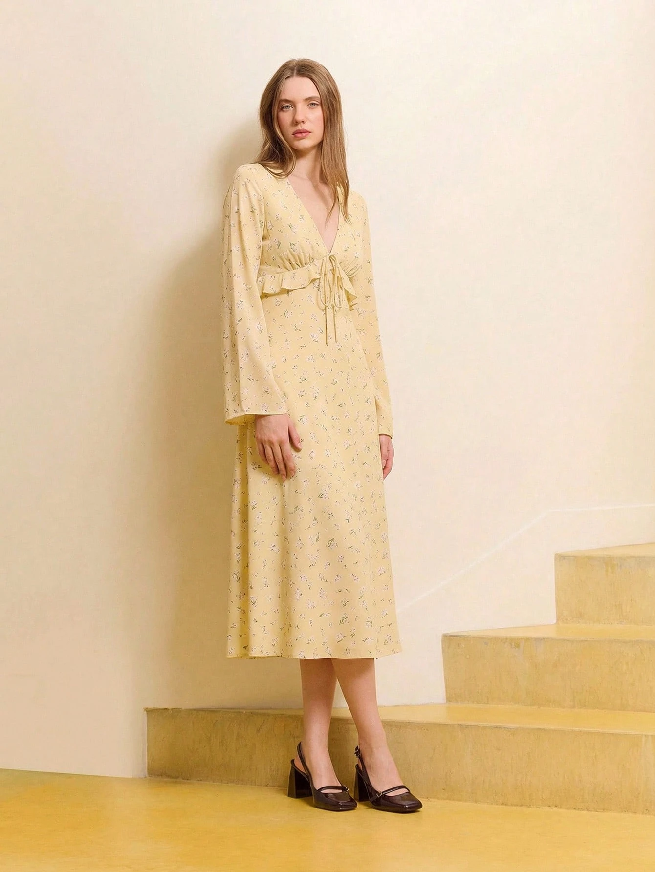 Butter Yellow Floral Print V-Neck Tie-Front Midi Dress With Ruffled Details And Long Sleeves Floral Print Dress Womens Holiday Dress Womens Long Sleeve Dress Yellow Midi Dress Women S Spring Dress
