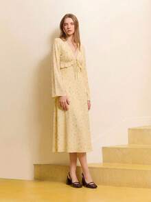 lacRébo Black Floral Print V-Neck Tie-Front Midi Dress With Ruffled Details And Long Sleeves - Pale Yellow - View 6