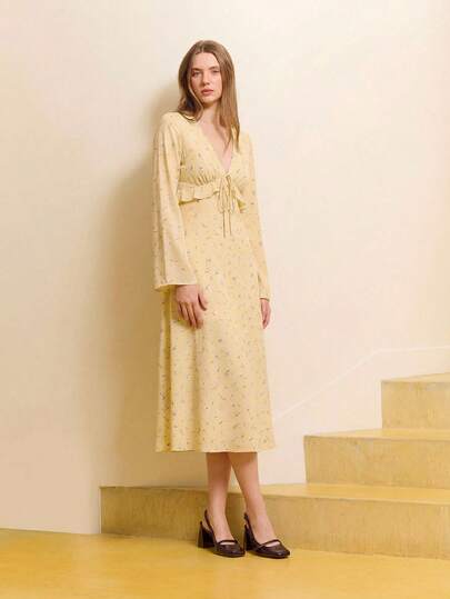 lacRébo 奶油黄碎花V领系带中长连衣裙，饰有荷叶边和长袖，碎花连衣裙，女士假日连衣裙，女士长袖连衣裙，黄色中长连衣裙，女士春季连衣裙