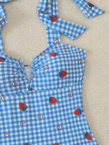 Swim Mod Women's Plaid & Strawberry Print Tie Front One-Piece Swimsuit - Multicolor - View 6
