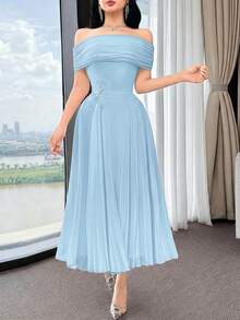 Feyla Đầm nữ màu trơn trễ vai với họa tiết hoa 3D và gấu đầm xếp ly, thanh lịch - Màu xanh nhạt - Xem 4