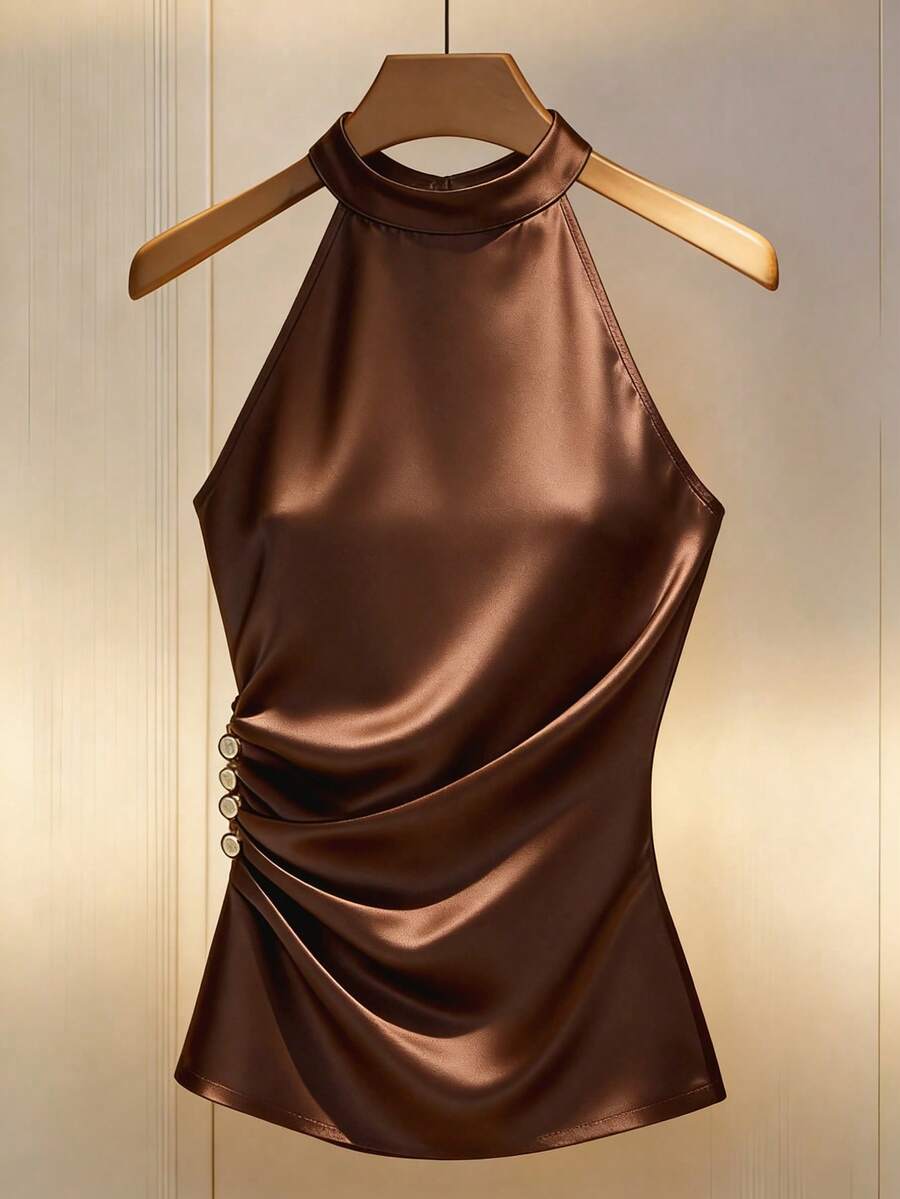 Franclia 女士优雅立领镂空纽扣无袖休闲背心，百搭夏季服装，青铜色缎面上衣，棕色优雅上衣，棕色吊带上衣，棕色缎面上衣，巧克力棕色上衣，巧克力棕色丝绸上衣，棕色优雅衬衫，缎面褶皱上衣，棕色缎面吊带上衣，吊带领上衣，女士丝绸上衣，优雅正式上衣，女士缎面吊带上衣，女士服装上衣，优雅女士上衣，晚宴精致上衣，女士奢华连衣裙，女士缎面连衣裙，女士优雅晚宴连衣裙 - 棕色 - 查看 1