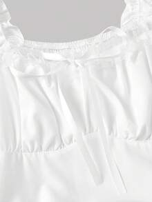 SHEIN MOD Petite 女士纯色心形领短花瓣袖前系带连衣裙 - 白色 - 查看 3