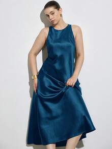 Aveloria Modichic Rochie maxi minimalistă de lux, fără mâneci, linie A, design asimetric simplu și elegant, material acetat satinat, mărime mare flatantă, versatilă pentru purtare zilnică și în straturi - Albastru - Vizualizare 5