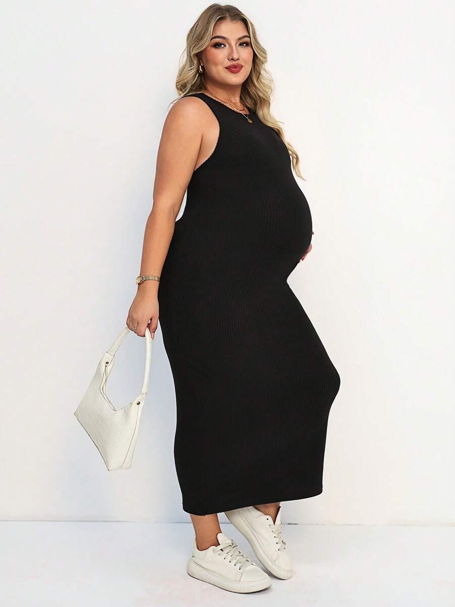 Plussiva Plus Size Pregnant Women's Casual Solid Color Sleeveless Fitted Dress, Summer - Black - View 1