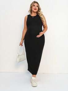 Plussiva Plus Size Pregnant Women's Casual Solid Color Sleeveless Fitted Dress, Summer - Black - View 3