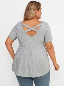 Plussiva Women's Plus Size Maternity Top,Plain Grey Summer Smart Casual Everyday Cotton Short Sleeve Babydoll Tops,Cross Straps Back Nursing Clothes Blouse - Grey - View 3