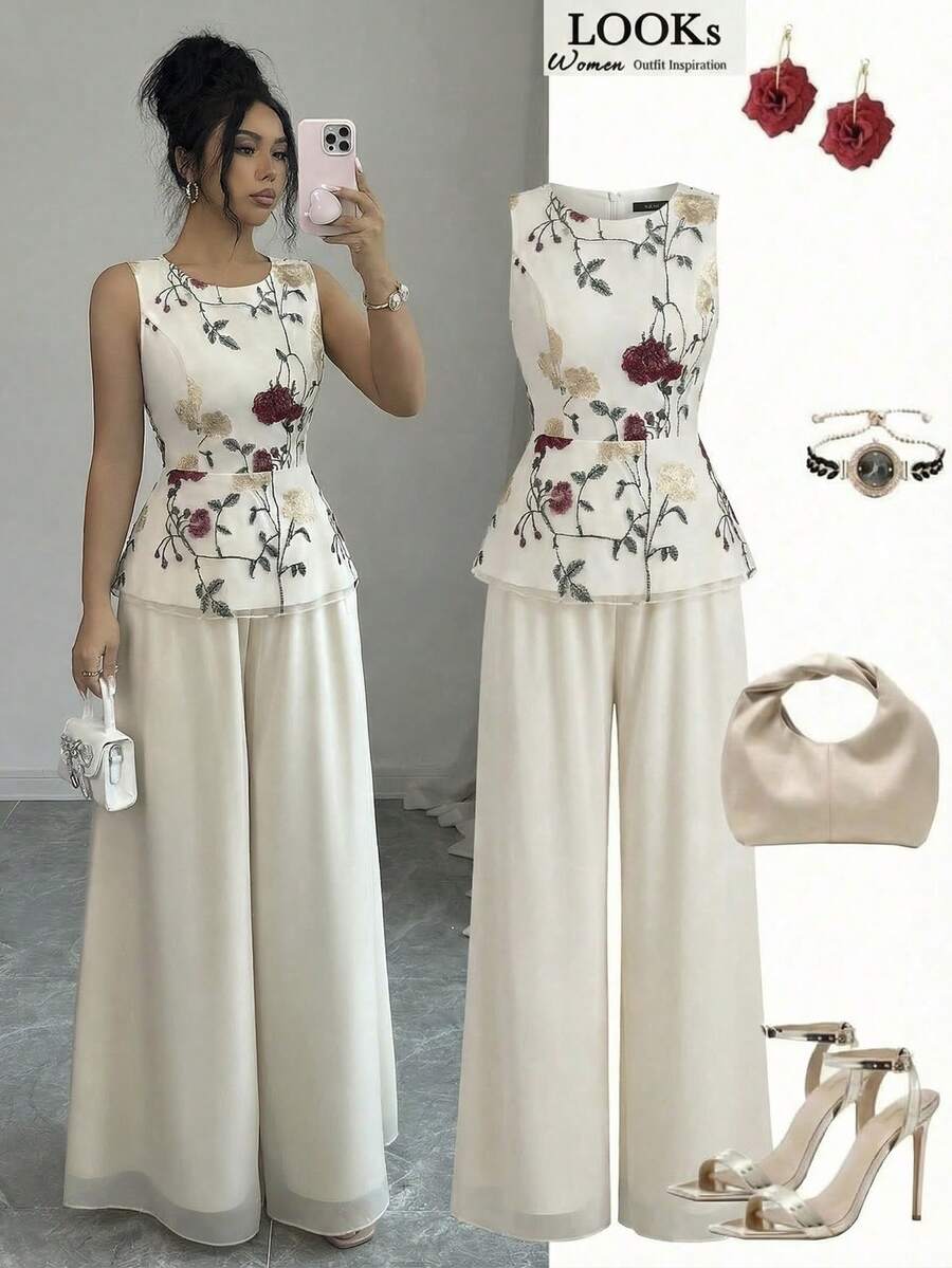 Elenzga Women's Sleeveless Elegant Casual Commute Outdoor Vest & Shiny Pants Two Pieces Set, Summer Outfit - Apricot - View 1