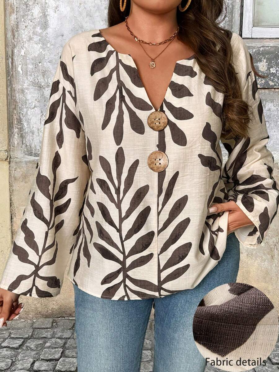 Linhara CURVE 大码女式V领纽扣装饰休闲宽松舒适度假风树叶印花长袖衬衫，春夏树叶印花长袖衬衫V领衬衫波西米亚风女式衬衫 - 彩色 - 查看 1