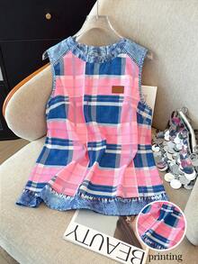 SHEIN LUNE Multicolor Plaid Print Women Tank Top Regular Length Round Neck Casual Style - Multicolor - View 4