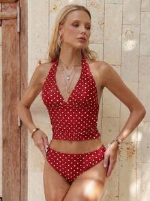 Swim Mod Set Baju Renang Tankini Modis Wanita Motif Polkadot Musim Panas untuk Pantai - Red and White - View 4