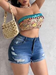 Sunnyshic 加大码女式弹力牛仔短裤，夏季水洗做旧卷边弹力牛仔短裤，女式牛仔装扮 - 中等水洗藍 - 查看 5