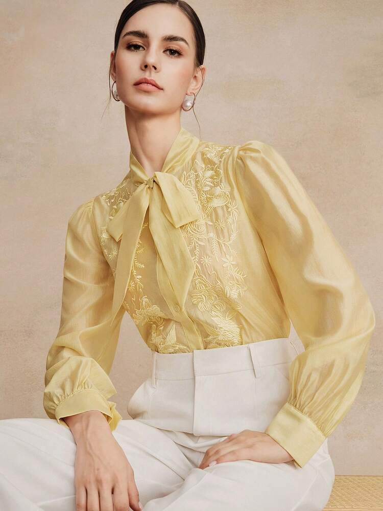 Blusa elegante de manga larga con lazo y bordado de cinta para mujer