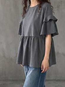 FRIFUL Camiseta de mujer de cuello redondo, holgada, de unicolor, de manga corta, con mangas acampanadas multicapa y bajo con volantes, de corte holgado para el verano - Gris - Ver 5