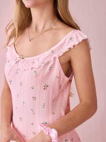 Bonmuse Women's Floral Jacquard Knit Nightgown With Ruffle Trim And Bow Decor Bountiful Floral Splendor Cozy And Elegant Detailsfor Summer - Pink - View 8
