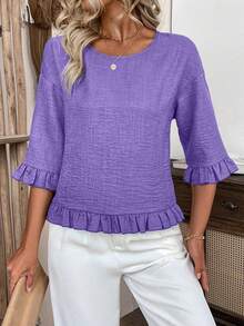 LanaWest Women's Linen Blouse,Short Sleeve Dropped Shoulder Loose Fit Blue Woven Fabric Frill Trim Sleeve Cuffs And Hem,Fashion Casual Summer Granny Mother - Purple - View 7