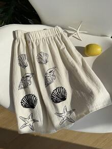 GalTyme 大码女式贝壳海星印花弹力腰休闲短裤 - 米色 - 查看 5