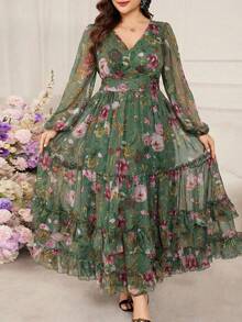Modelyn Plus Size Women Floral Print Elegant Cinched Waist A-Line Dress - Green - View 6