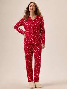 Women 2 Pcs Red Button Front With Heart Pattern Teddy Fabric Detail Long Sleeve Shirt &Long Pants Homewear Casual Comfort Pajama Set - Red - View 4