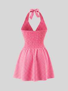 GlowEve 女士格子吊带扭结设计短裙 - 紅色 - 查看 2