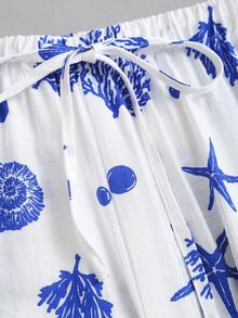 SHEIN Sweetro Quần ống rộng dáng suông màu nâu in hình vỏ sò và sao biển, thoải mái, đa năng dành cho nữ, thích hợp cho mùa xuân/hè, trang phục đi nghỉ mát, trang phục đi biển cho nữ, quần in hình sao biển, quần áo in hình vỏ sò. - Xanh và trắng - Xem 7