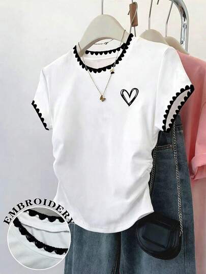 Resyla Women's T-Shirt, Ruffle Collar, Heart Print Pattern, Embroidered Design, Summer Casual Outdoor Top, Elegant Graphic, Versatile Daily Wear, Outdoor, Shopping, Travel