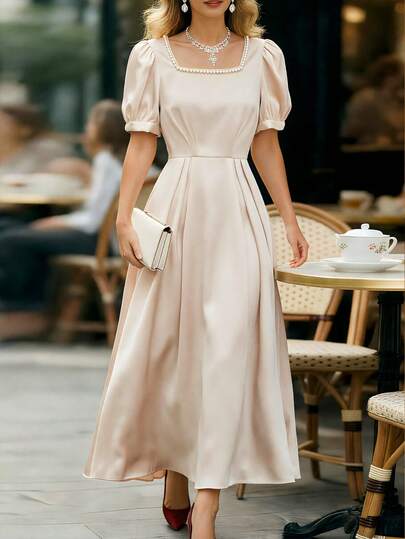 Elenzga Women's Elegant Satin Dress With Pearl Decor, Square Neck, Puff Sleeves, Waist Cinched A-Line Dress, Spring/Summer