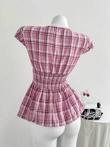 Y2K Retro American Casual Plaid V-Neck Ruched Waist Peplum Hem Short Sleeve Blouse - Pink - View 2
