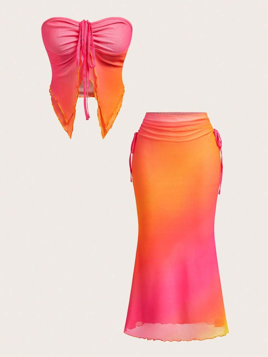 Soleia 全新西部海滩婚礼宾客服装、毕业早午餐、圣帕特里克节、春假、复活节、音乐节、优雅波西米亚风热带返校假期、优雅新款吊带露肩印花网眼上衣和百褶裙两件套 - 彩色 - 查看 1