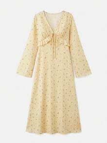 lacRébo Black Floral Print V-Neck Tie-Front Midi Dress With Ruffled Details And Long Sleeves - Pale Yellow - View 9