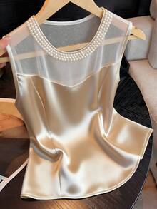 SHEIN Chic Pearl Detailed Cold Shoulder Tank Top Regular Length Champagne Blouse - Champagne - View 7