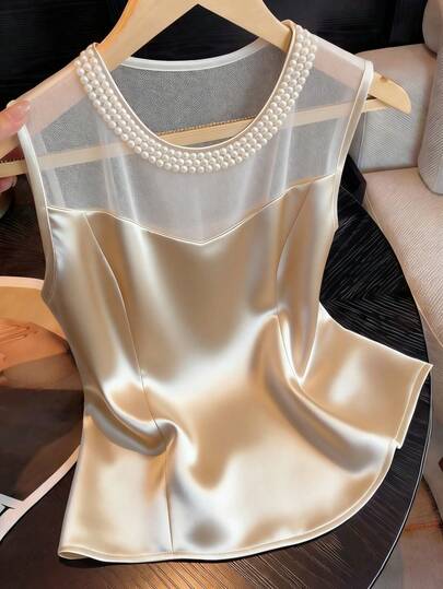 Franclia 女士夏季无袖圆领背心，饰有泡泡珍珠，网纱拼接设计，H字型，前部破洞，腰部收褶，缎面弹力面料，百搭优雅时尚