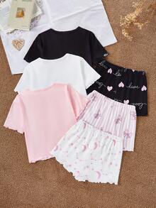 SHEIN 6pcs Girls Cute Cartoon Printed Pajama Set,Includes Tops And Bottoms,Pink And White Summer Cute Home Wear Sleep,Heart Bow Eyelash For Tween Girls - Multicolor - View 2