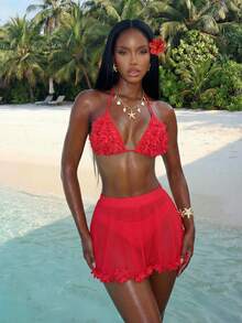 Vaytide 2pcs Women Summer Beach Solid Color 3D Floral Decor Halter Tie Sexy Bikini Swimsuit Set With Cover-Up & Skirt - Red - View 3