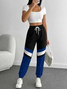 Cloudara Color Blocking Drawstring Waist Sweatpants - Multicolor - View 3