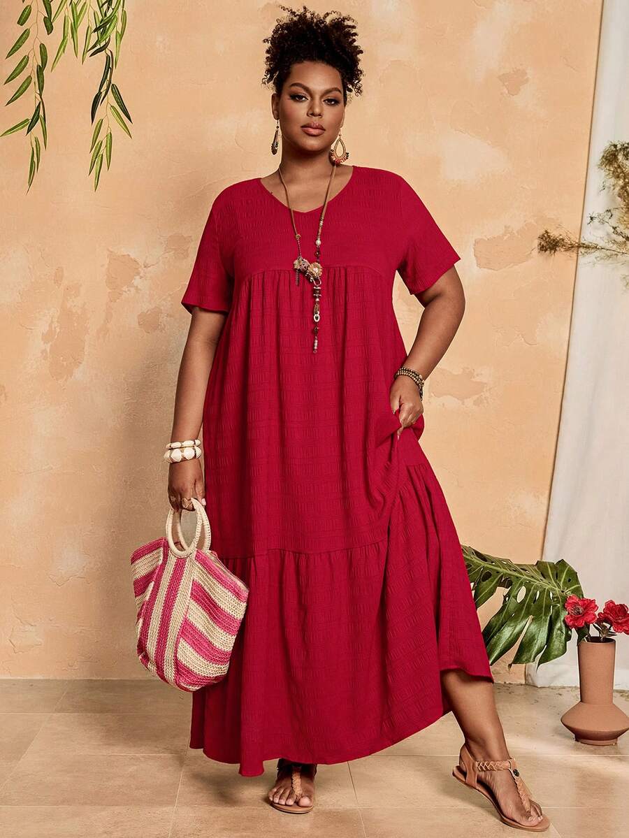 BrightlyHer 大码女式绿色长裙，早春 - 紅色 - 查看 1