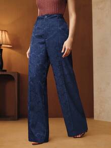 Anewsta Pantalones rectos elegantes para mujer, pantalones rectos de jacquard rojo minimalista para ir al trabajo - Azul Marino - Ver 8