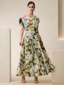 Anewsta Bộ đồ 2 món dành cho nữ, thanh lịch, lãng mạn, in họa tiết hoa, cổ bất đối xứng, gồm áo và chân váy xếp ly. - Nhiều màu - Xem 4