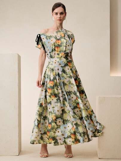 Anewsta Women's Spring Vacation Elegant Romantic Floral Print Asymmetric Neck Ruffle Top And Ruffle Skirt 2-Piece Set