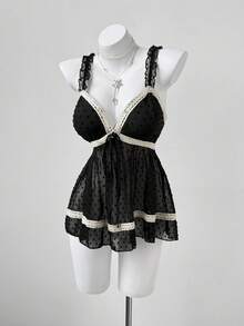 Sunspun New Arrival Sweet Elegant Going Out Tops, Bow Accent, Chiffon Textured Fuzzy Fabric Patchwork Lace Ruffle Trim Bowknot Spaghetti Strap Peplum Hem Cropped Tank Top, Spring/Summer/Fall - Black - View 6